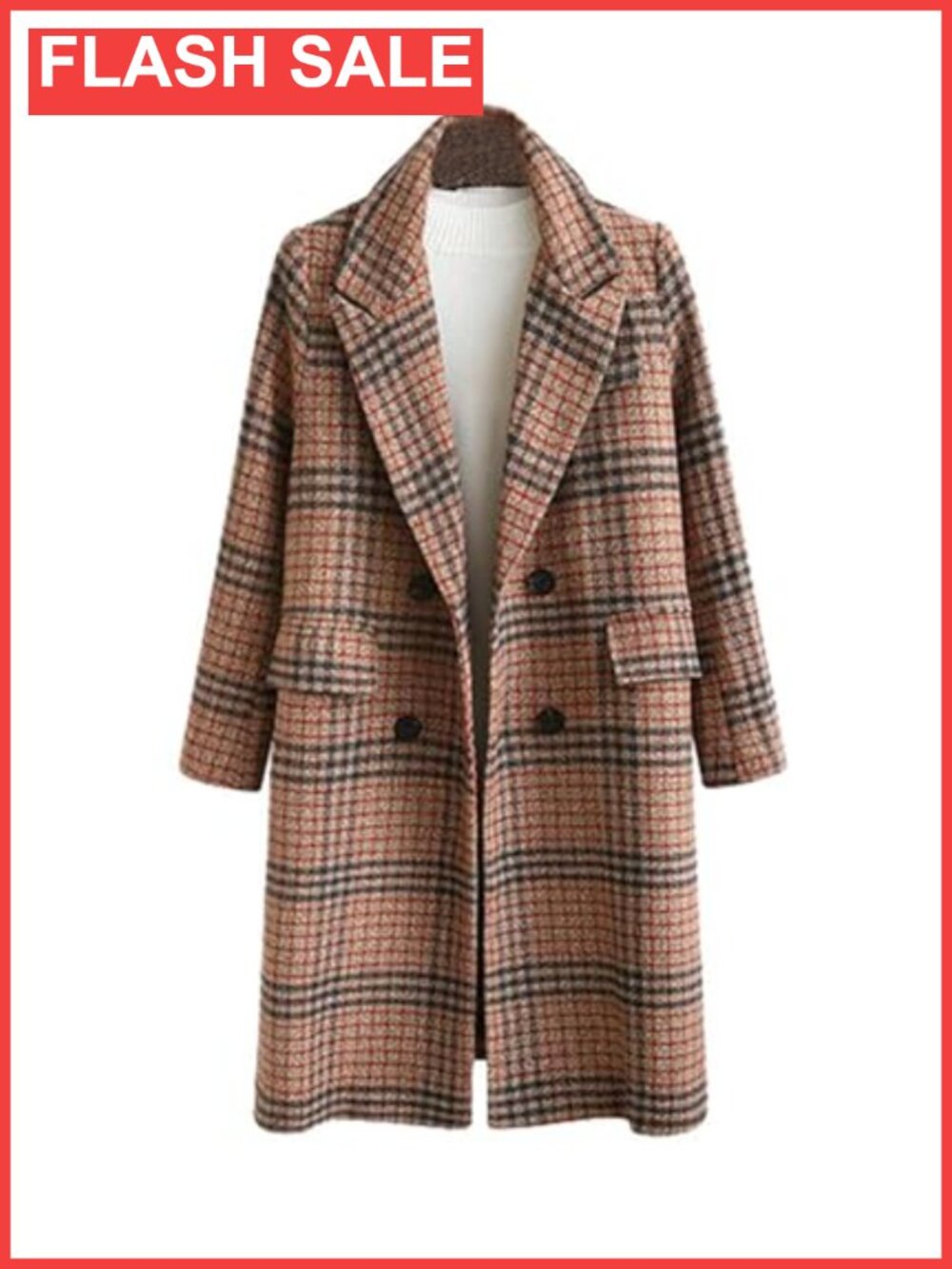 Women's Plaid Double Breasted Long Trench Coat Peacoat Wool Blend